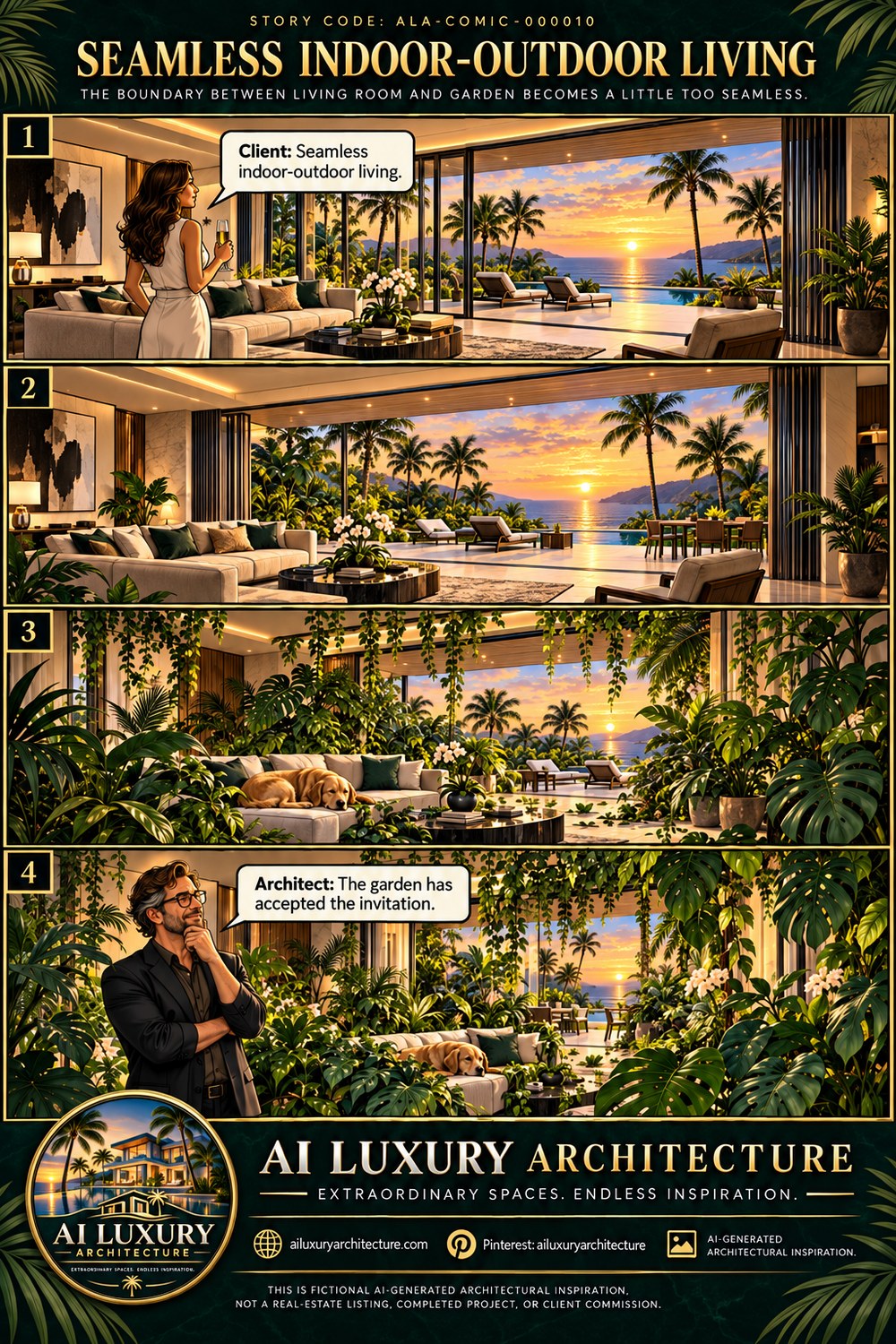 Four-panel AI-generated architecture comic showing retractable glass walls and tropical plants progressively occupying a luxury oceanfront living room.