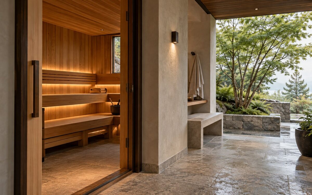 Contemporary residential sauna with warm timber benches, sheltered cooling terrace, limestone walls, and a planted garden.