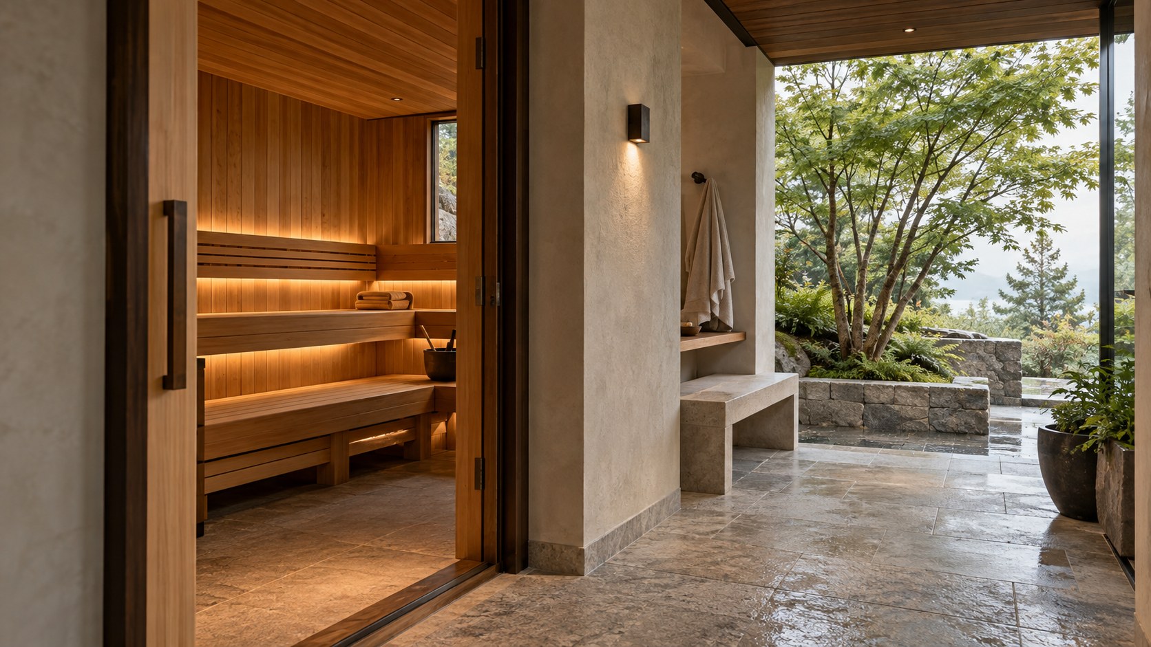 Contemporary residential sauna with warm timber benches, sheltered cooling terrace, limestone walls, and a planted garden.