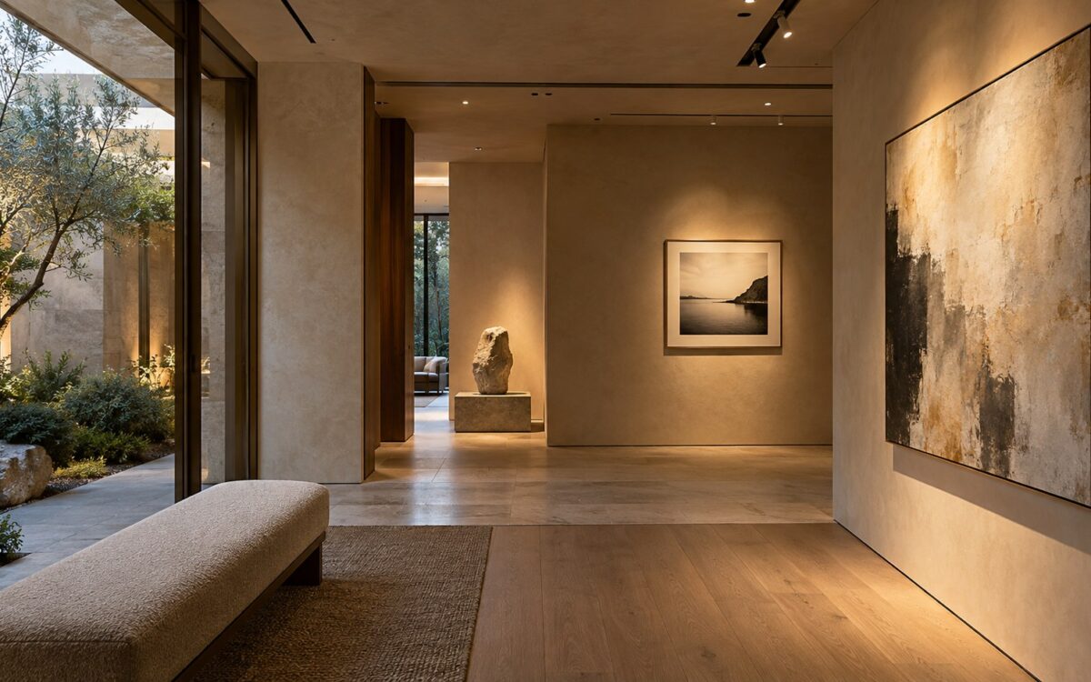 Contemporary residential art gallery with softly illuminated paintings, a sculptural centerpiece, and sheltered garden glazing.