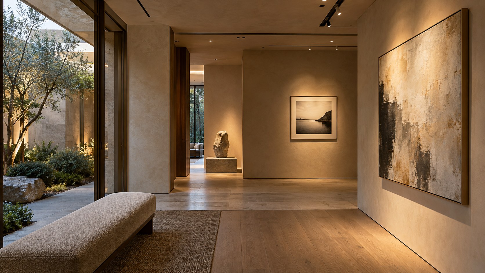 Contemporary residential art gallery with softly illuminated paintings, a sculptural centerpiece, and sheltered garden glazing.