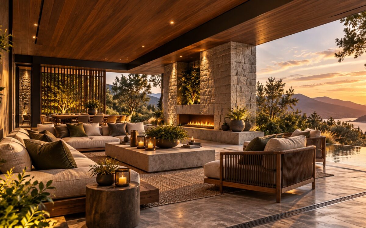 Contemporary luxury outdoor room with a sheltered architectural canopy, refined stone floor, integrated seating, layered planting, and a carefully defined relationship to the surrounding landscape.