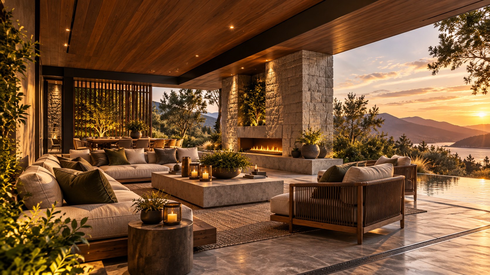 Contemporary luxury outdoor room with a sheltered architectural canopy, refined stone floor, integrated seating, layered planting, and a carefully defined relationship to the surrounding landscape.