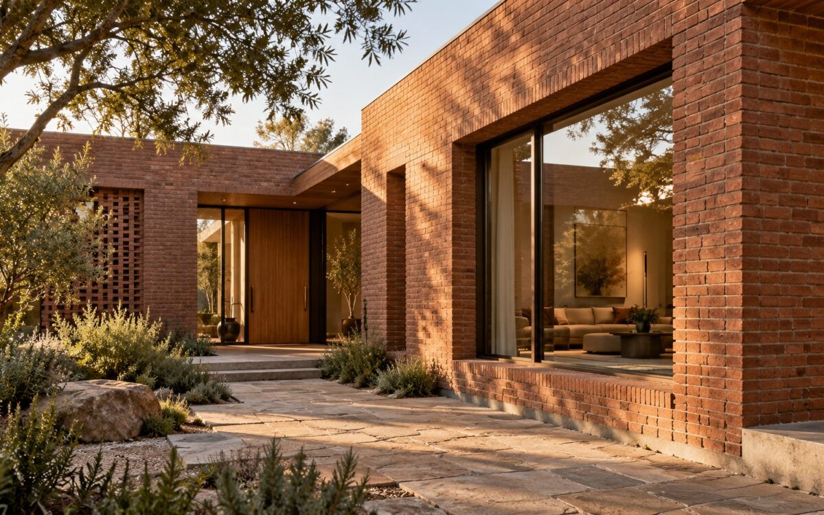 Contemporary luxury residence with warm brick walls, deep window reveals, sheltered entrance, and textured garden courtyard.