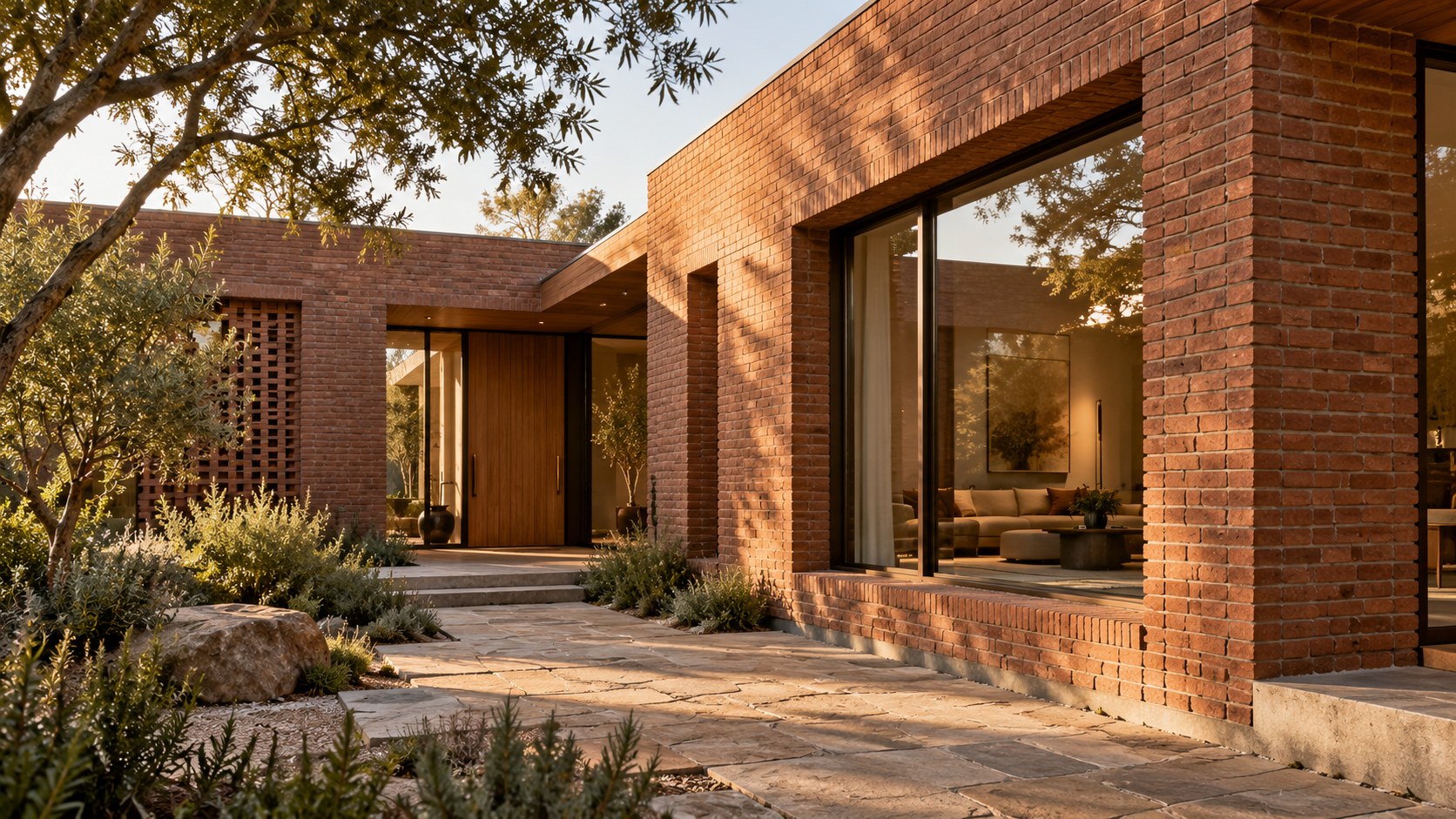 Contemporary luxury residence with warm brick walls, deep window reveals, sheltered entrance, and textured garden courtyard.