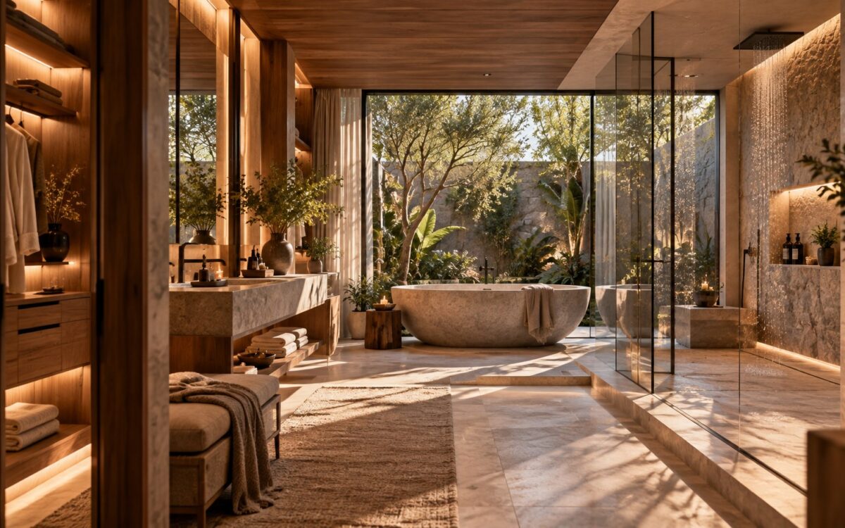 AI-generated contemporary luxury bathroom with a freestanding stone bath, warm timber cabinetry, a softly screened garden view, layered natural and concealed lighting, and distinct wet and dry zones.