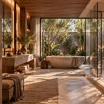 AI-generated contemporary luxury bathroom with a freestanding stone bath, warm timber cabinetry, a softly screened garden view, layered natural and concealed lighting, and distinct wet and dry zones.