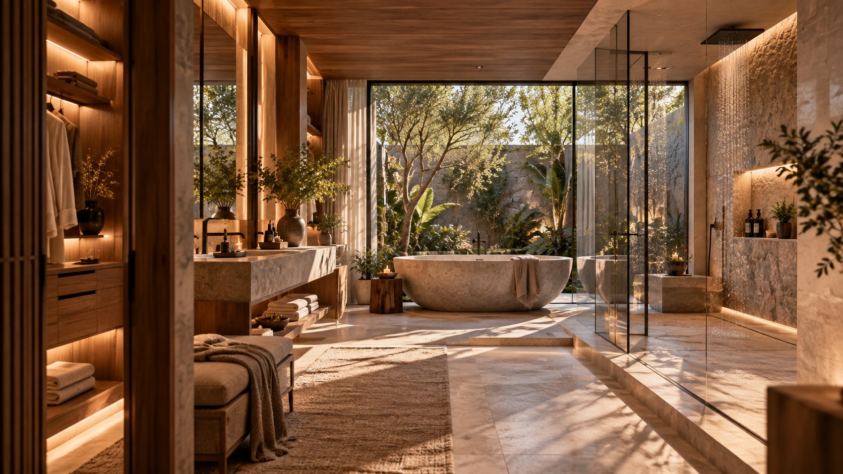 AI-generated contemporary luxury bathroom with a freestanding stone bath, warm timber cabinetry, a softly screened garden view, layered natural and concealed lighting, and distinct wet and dry zones.