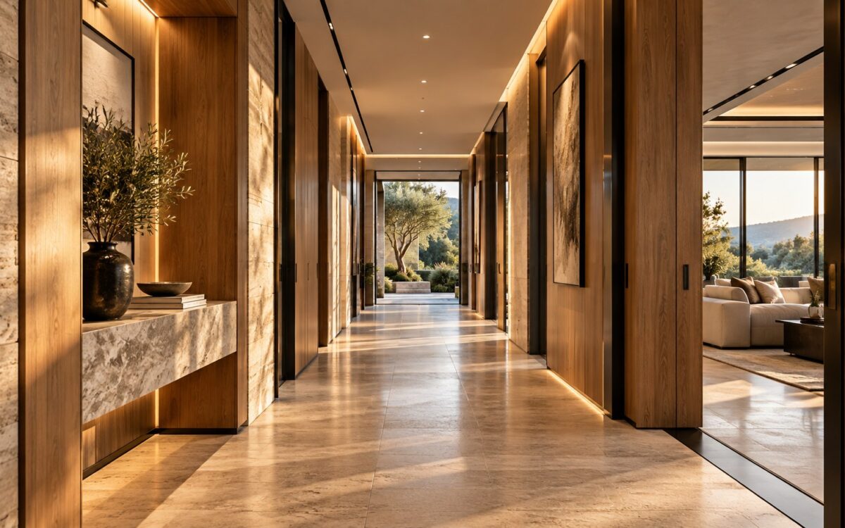Contemporary luxury residential corridor with warm timber walls, pale natural stone flooring, controlled daylight, integrated lighting, framed views, and carefully proportioned door openings.