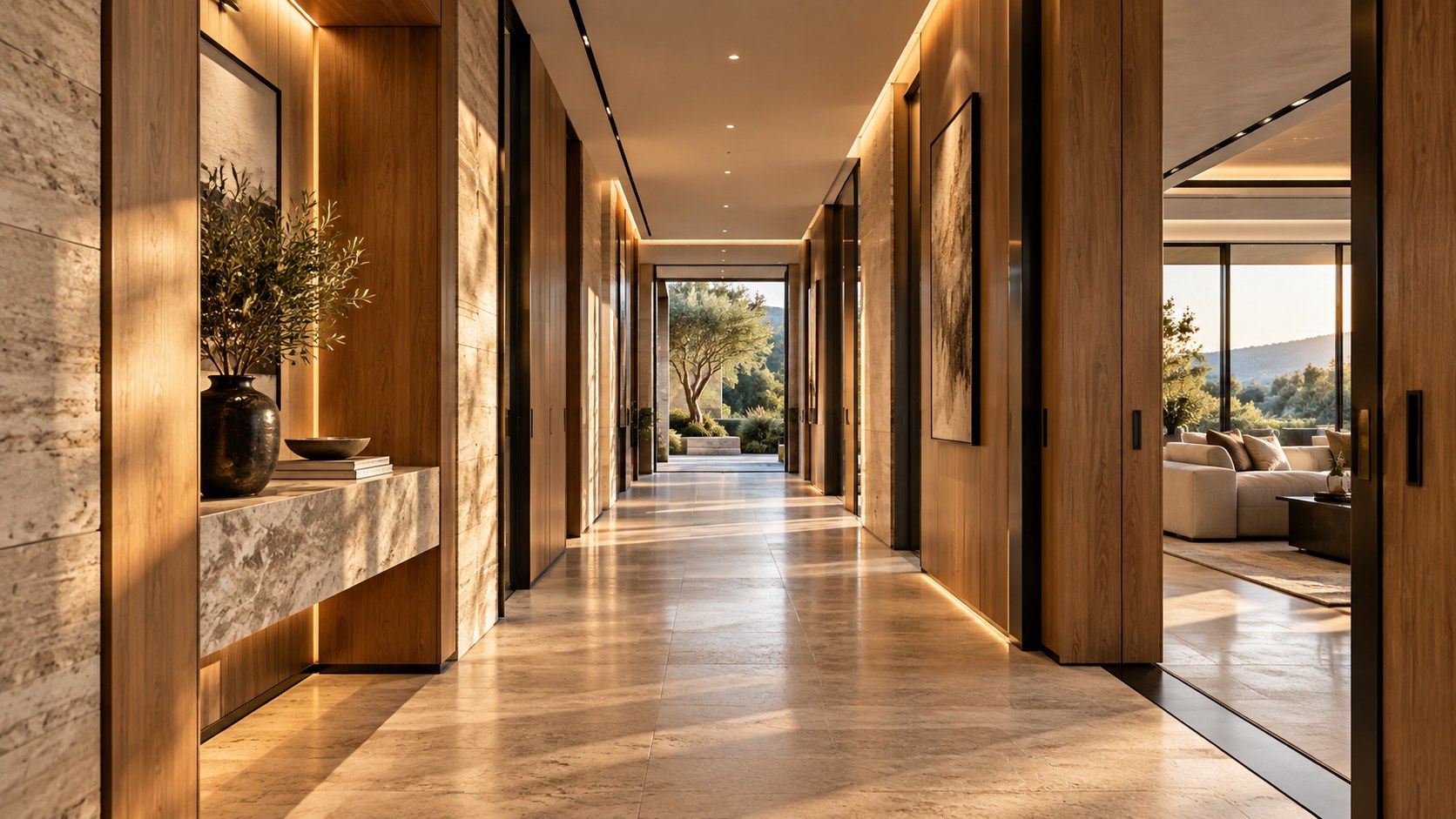 Contemporary luxury residential corridor with warm timber walls, pale natural stone flooring, controlled daylight, integrated lighting, framed views, and carefully proportioned door openings.