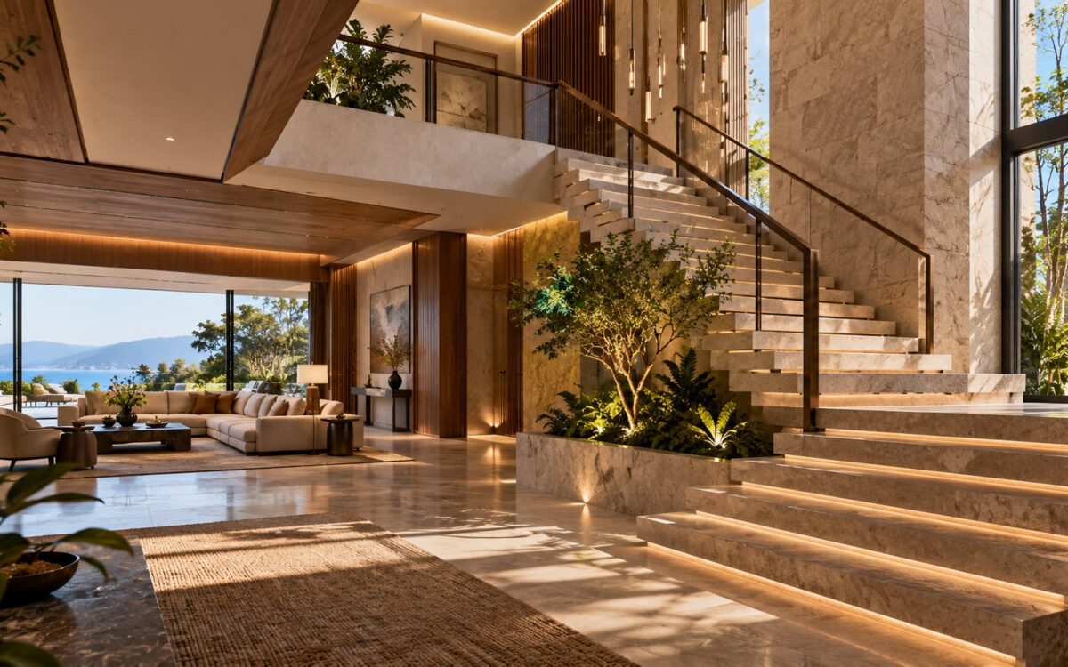 AI-generated contemporary luxury residence with a carefully composed open stair in a refined double-height hall, showing stone treads, timber and dark metal detailing, controlled daylight, a gallery edge, and layered views between levels.