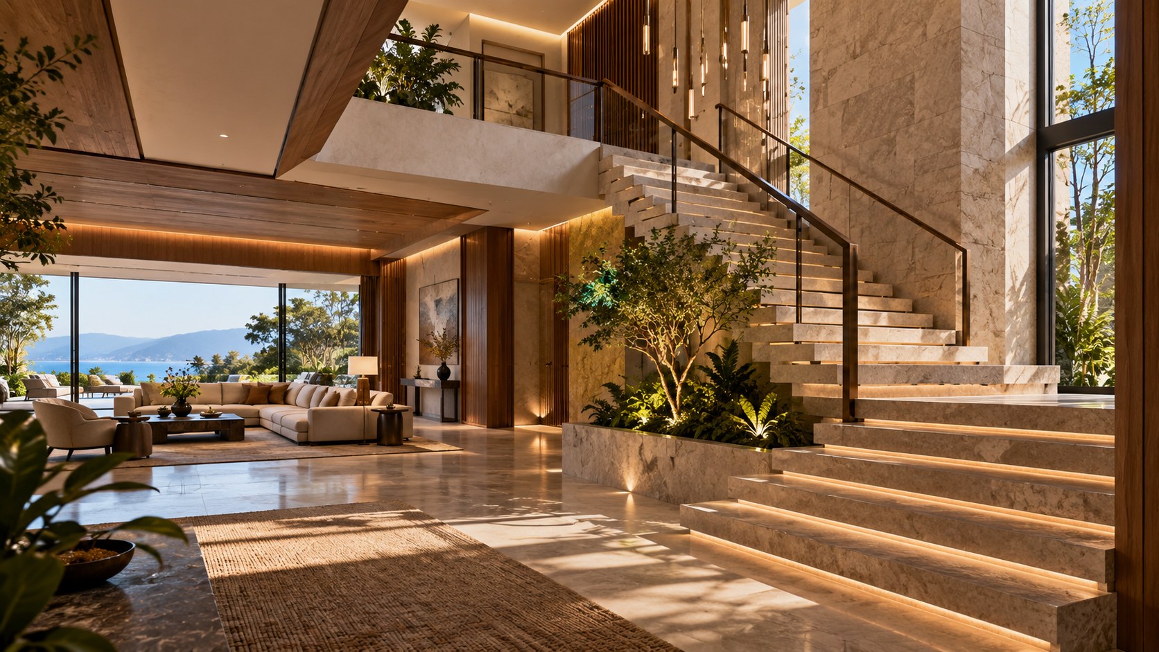AI-generated contemporary luxury residence with a carefully composed open stair in a refined double-height hall, showing stone treads, timber and dark metal detailing, controlled daylight, a gallery edge, and layered views between levels.