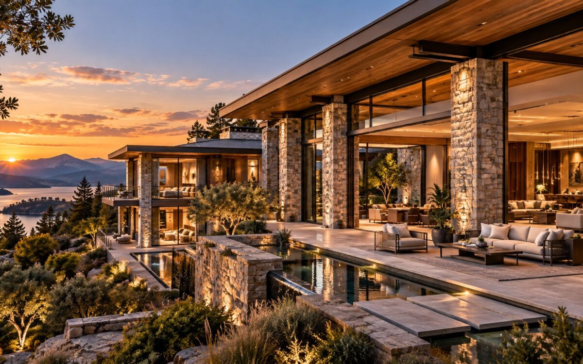 AI-generated contemporary luxury residence viewed obliquely across a landscaped terrace, with a clear structural rhythm of stone piers and slender dark framing supporting broad roof planes, deep openings, and connected indoor and outdoor spaces.