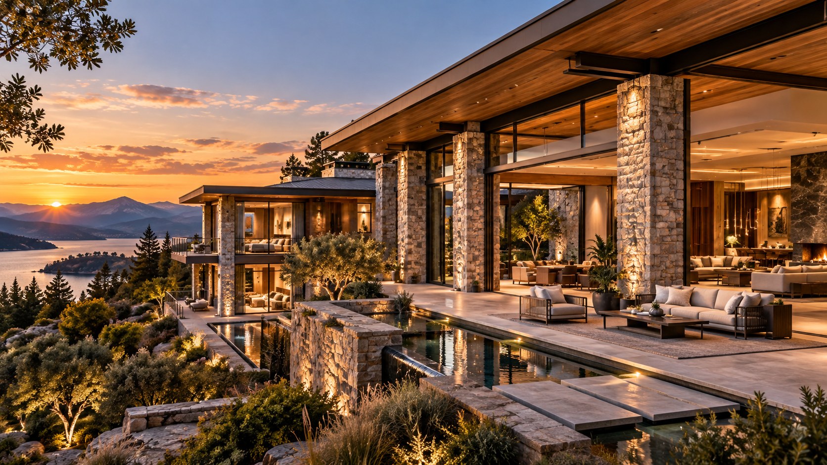 AI-generated contemporary luxury residence viewed obliquely across a landscaped terrace, with a clear structural rhythm of stone piers and slender dark framing supporting broad roof planes, deep openings, and connected indoor and outdoor spaces.