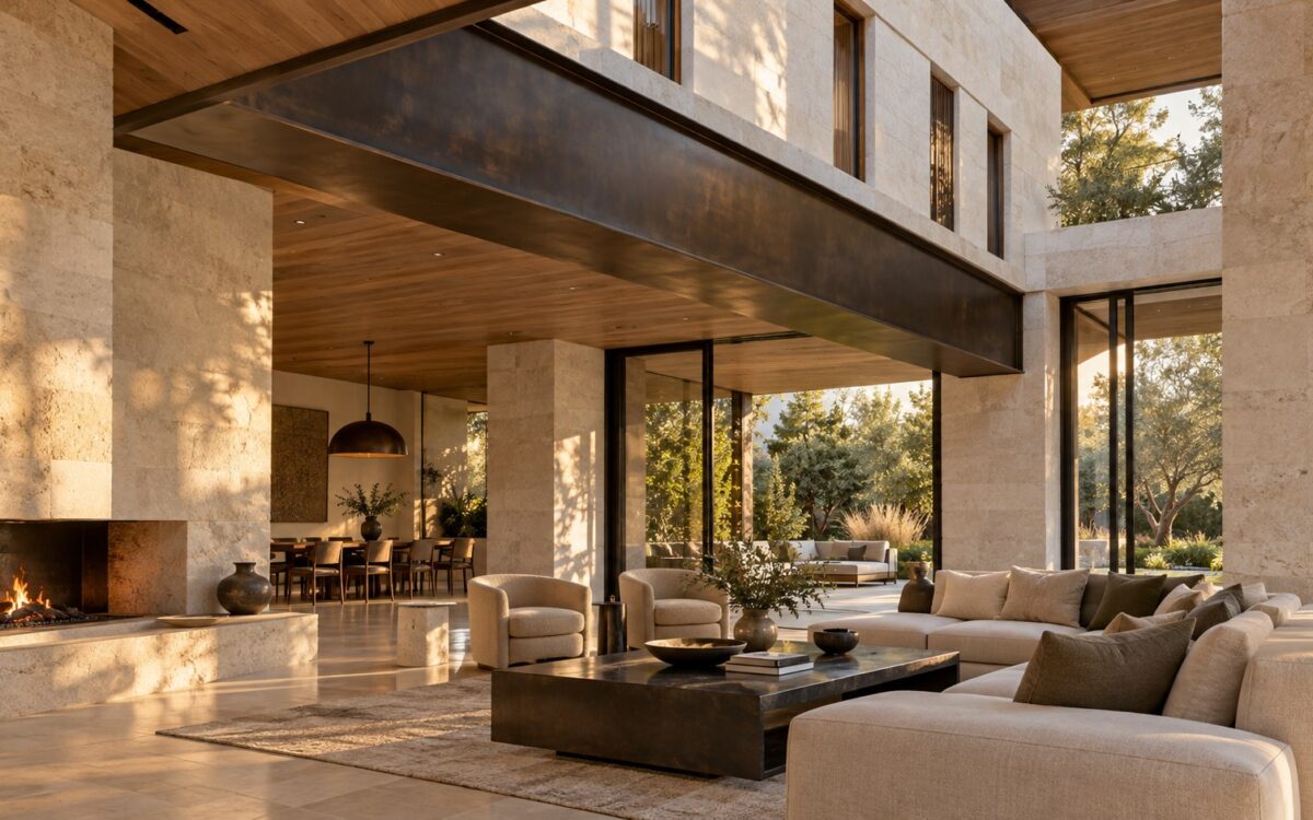 Contemporary great room beneath a substantial exposed transfer girder, opening toward a sheltered garden terrace.
