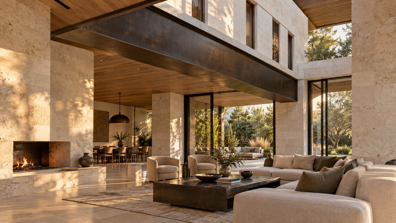 Contemporary great room beneath a substantial exposed transfer girder, opening toward a sheltered garden terrace.