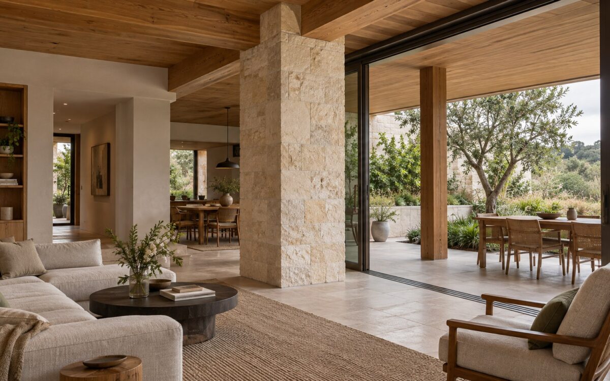Contemporary living room with limestone support column, oak beam connections, sheltered terrace pier, and courtyard garden.