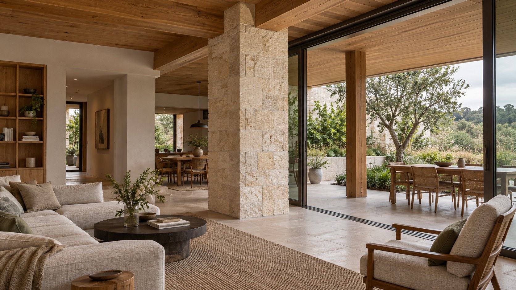 Contemporary living room with limestone support column, oak beam connections, sheltered terrace pier, and courtyard garden.