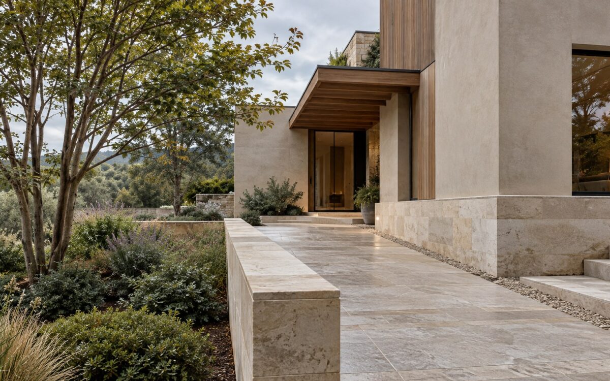 Contemporary limestone residence on a modest raised stone plinth with a sheltered entry, graded path, and planted courtyard.