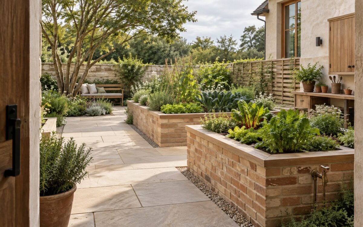 Contemporary kitchen garden with stone paths, raised planting beds, sheltered working area, and a mature courtyard tree.