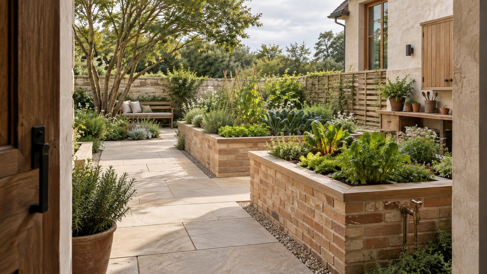 Contemporary kitchen garden with stone paths, raised planting beds, sheltered working area, and a mature courtyard tree.