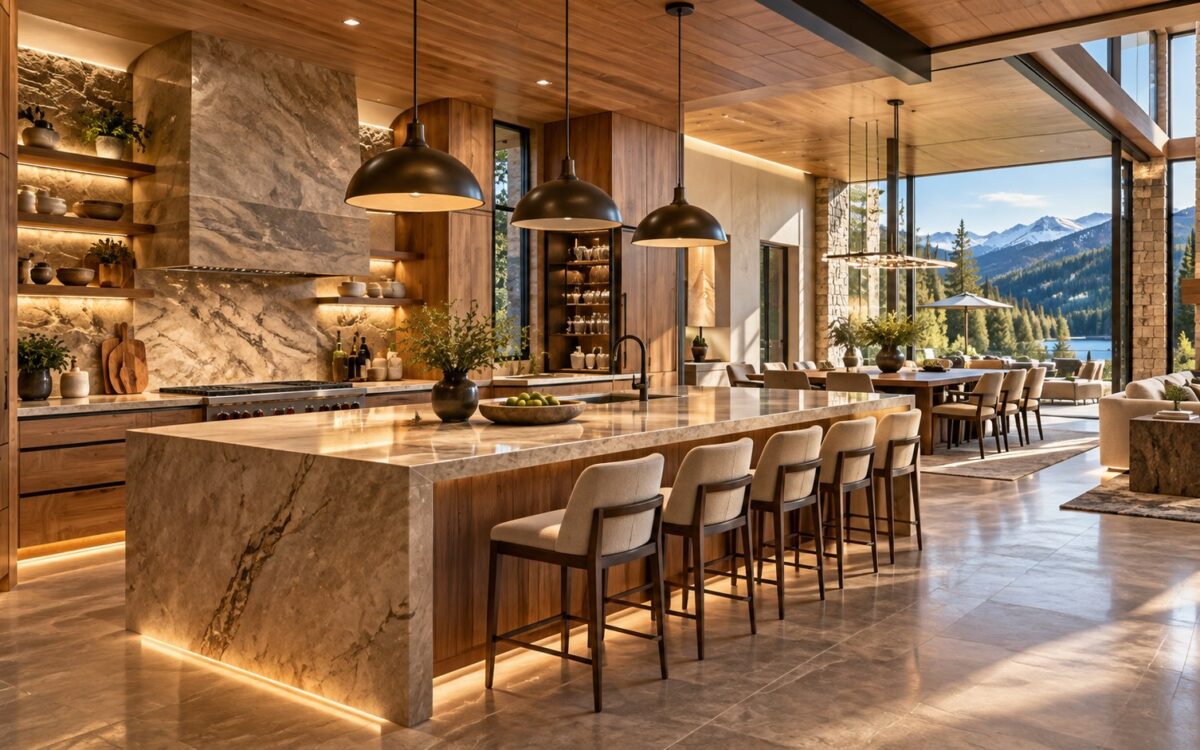 A premium editorial view of a spacious luxury kitchen organized around a substantial central island, with warm timber cabinetry, natural stone surfaces, carefully layered lighting, and visual connections to adjoining living and dining spaces.