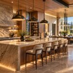 A premium editorial view of a spacious luxury kitchen organized around a substantial central island, with warm timber cabinetry, natural stone surfaces, carefully layered lighting, and visual connections to adjoining living and dining spaces.