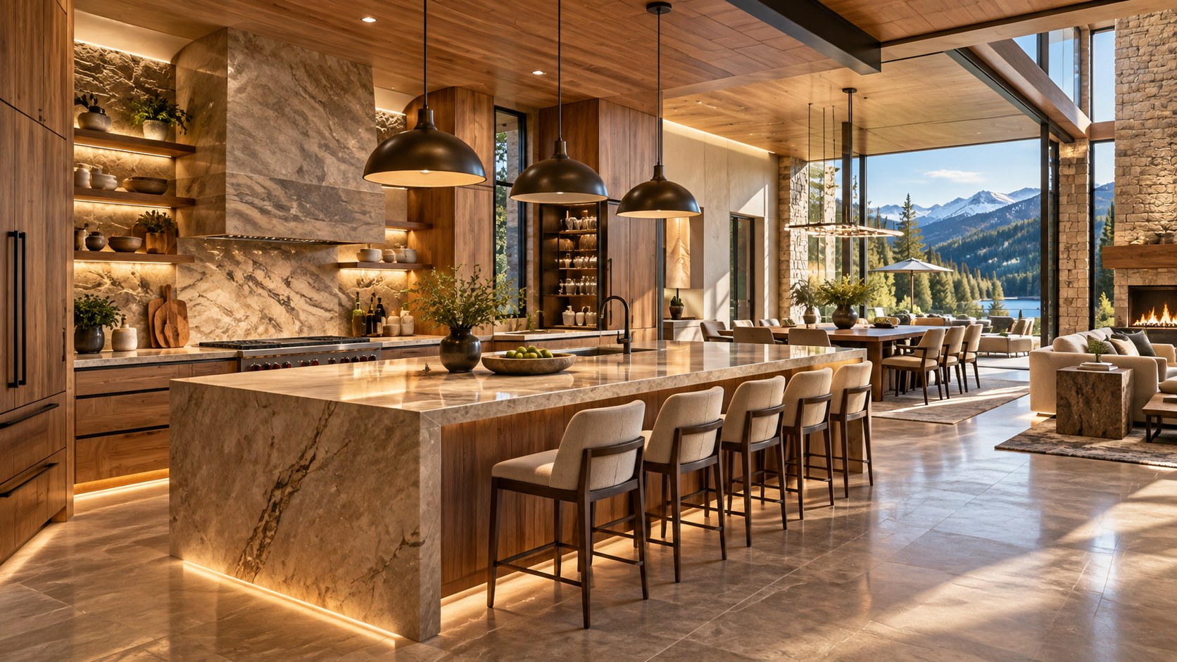 A premium editorial view of a spacious luxury kitchen organized around a substantial central island, with warm timber cabinetry, natural stone surfaces, carefully layered lighting, and visual connections to adjoining living and dining spaces.