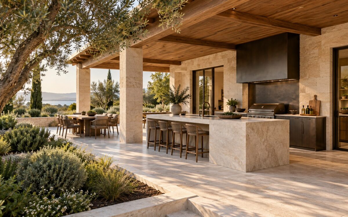 Contemporary outdoor kitchen beneath a timber roof, with stone preparation counter, sheltered dining, and planted garden.
