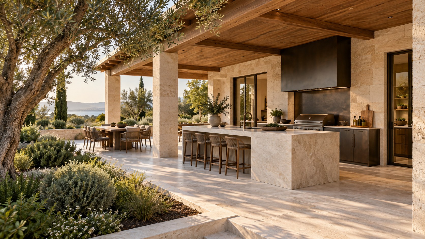 Contemporary outdoor kitchen beneath a timber roof, with stone preparation counter, sheltered dining, and planted garden.