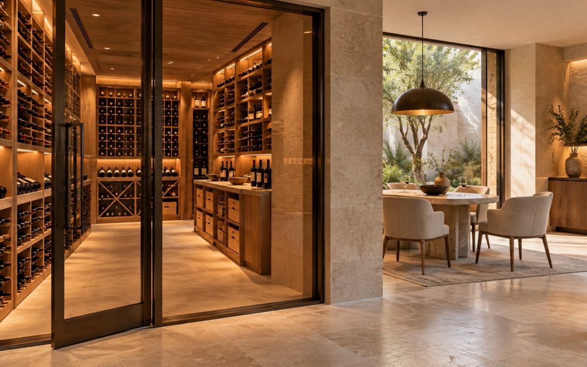 Contemporary wine cellar with timber bottle racks, limestone walls, accessible storage aisle, and adjoining daylight-filled tasting room.