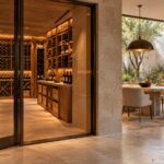 Contemporary wine cellar with timber bottle racks, limestone walls, accessible storage aisle, and adjoining daylight-filled tasting room.