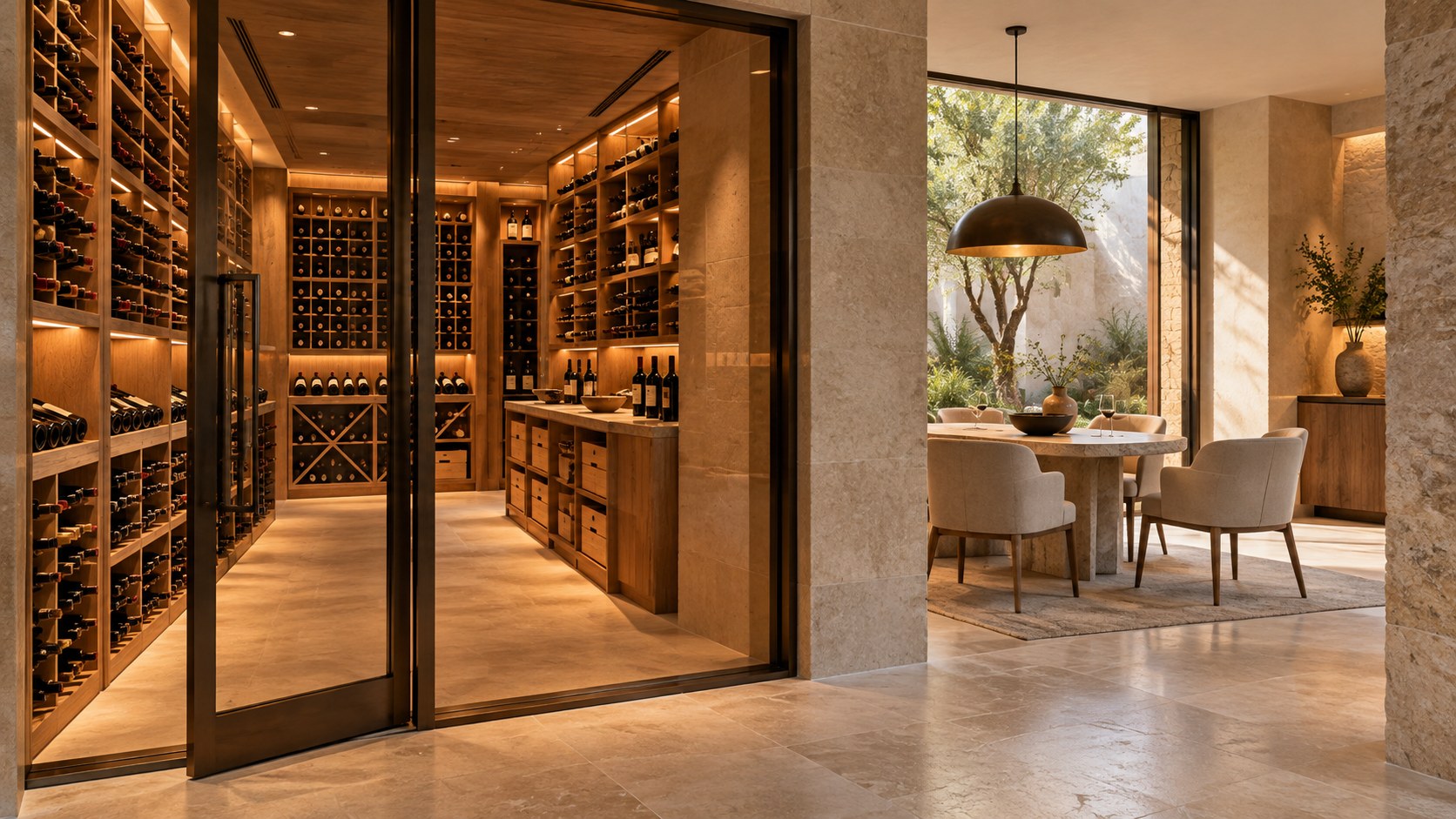 Contemporary wine cellar with timber bottle racks, limestone walls, accessible storage aisle, and adjoining daylight-filled tasting room.