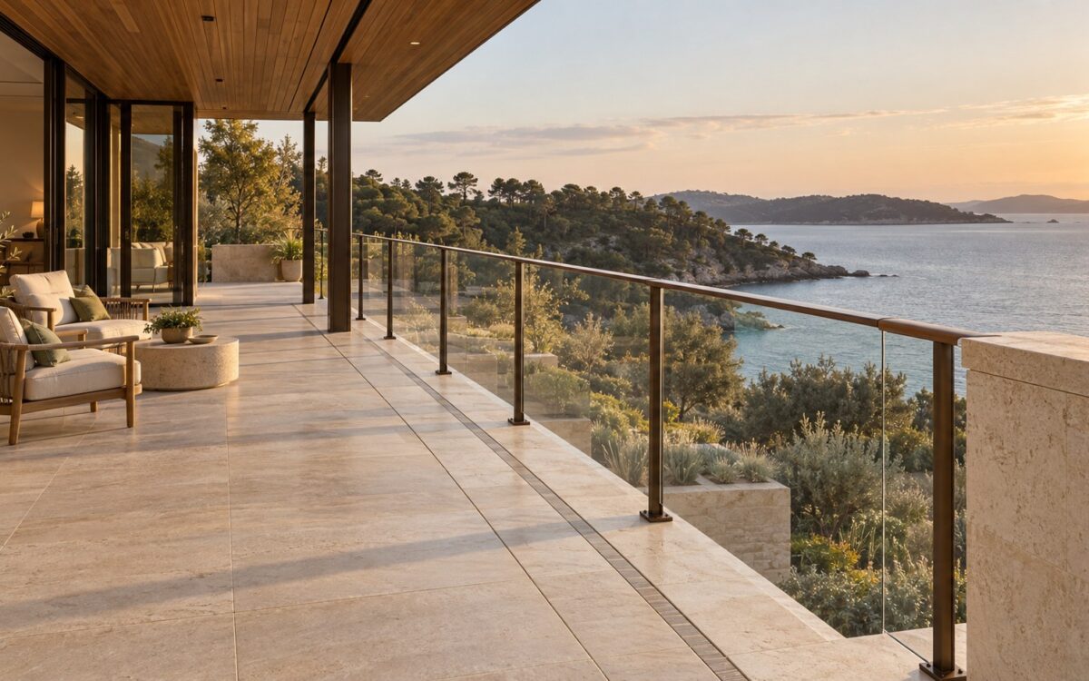 Contemporary stone terrace with a bronze-framed glass balustrade overlooking a coastal garden and distant water.