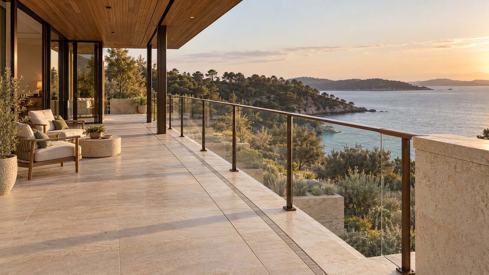 Contemporary stone terrace with a bronze-framed glass balustrade overlooking a coastal garden and distant water.