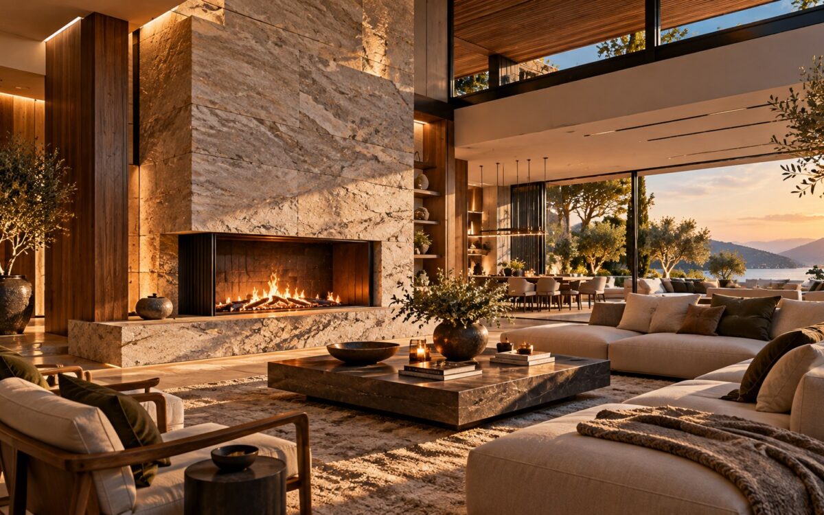 Contemporary luxury living room organized around a substantial stone hearth with a wide firebox, warm timber detailing, low seating, and layered architectural light.