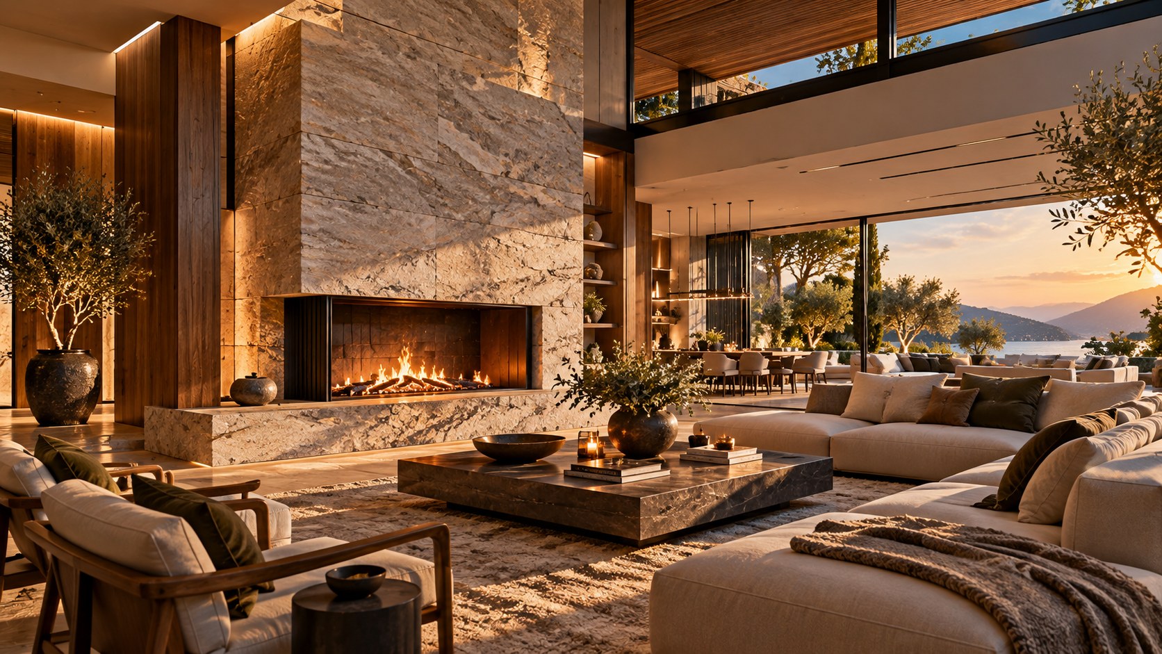 Contemporary luxury living room organized around a substantial stone hearth with a wide firebox, warm timber detailing, low seating, and layered architectural light.