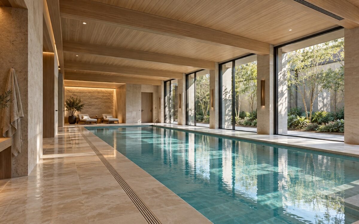 Contemporary indoor pool pavilion with pale stone deck, timber ceiling, and glazing toward a planted private courtyard.