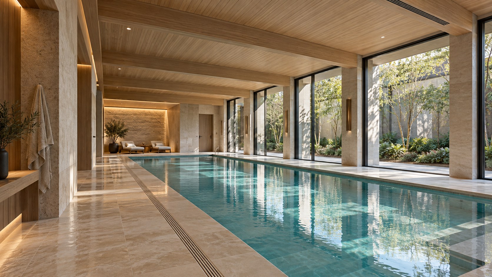 Contemporary indoor pool pavilion with pale stone deck, timber ceiling, and glazing toward a planted private courtyard.