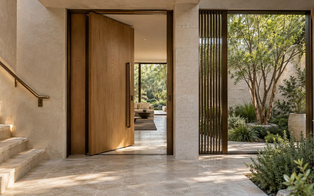 Contemporary limestone entrance gallery with patinated bronze doorway, tactile handrail, oak detailing, and a planted courtyard.