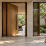 Contemporary limestone entrance gallery with patinated bronze doorway, tactile handrail, oak detailing, and a planted courtyard.