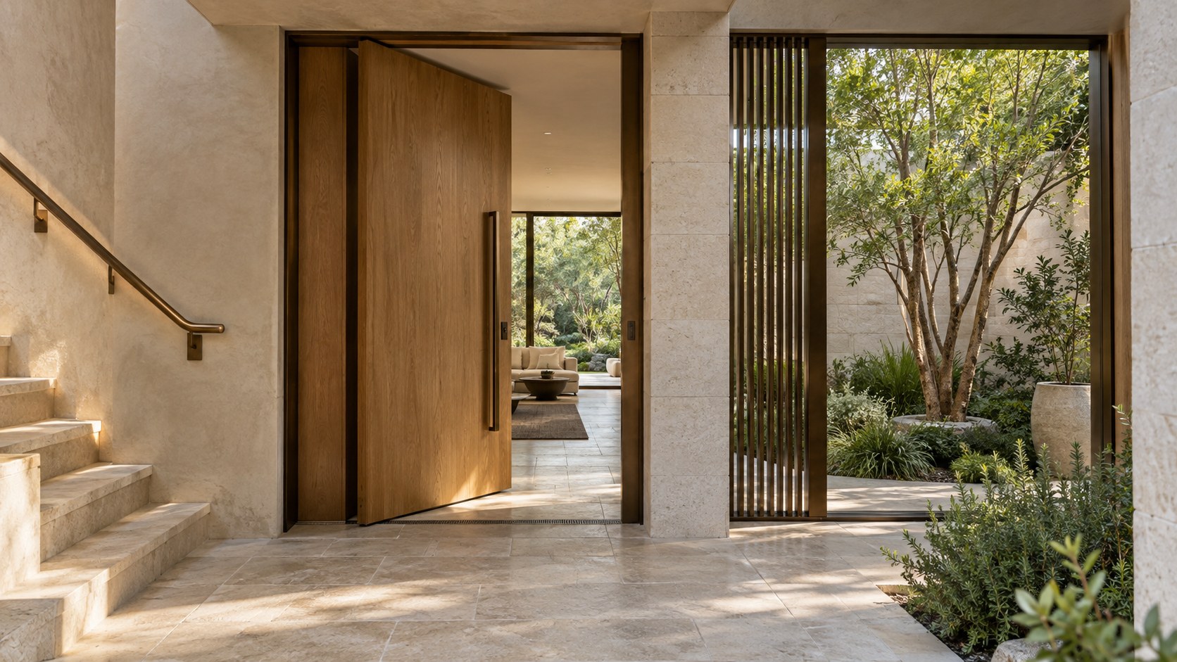 Contemporary limestone entrance gallery with patinated bronze doorway, tactile handrail, oak detailing, and a planted courtyard.