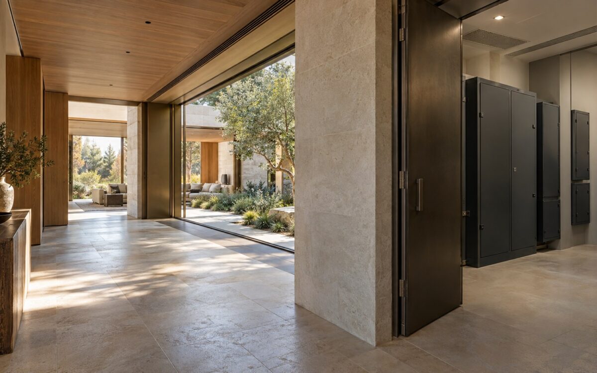 Contemporary stone and timber residence with a discreet, accessible electrical service room opening onto a secondary gallery.
