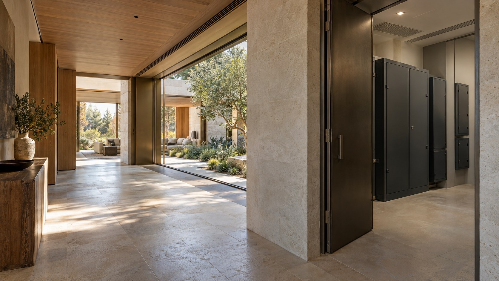 Contemporary stone and timber residence with a discreet, accessible electrical service room opening onto a secondary gallery.