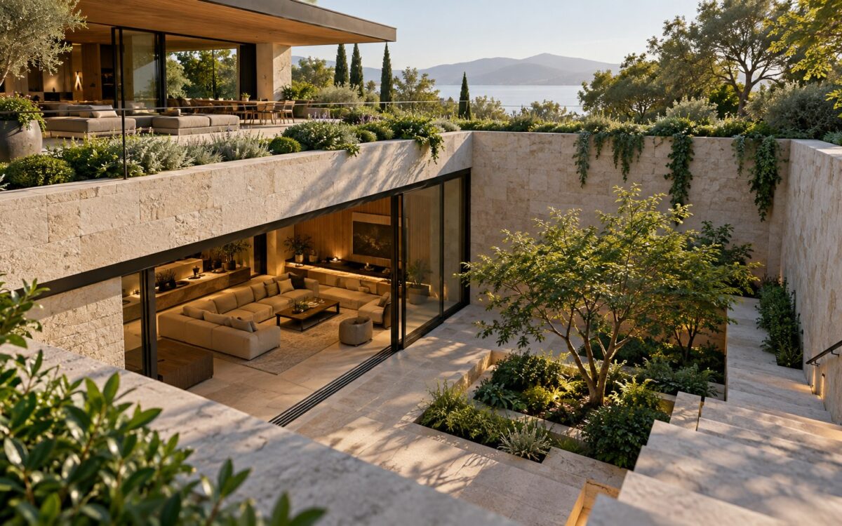 Contemporary lower-level lounge opening onto a planted sunken courtyard beneath a stone-and-timber residence.