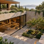 Contemporary lower-level lounge opening onto a planted sunken courtyard beneath a stone-and-timber residence.