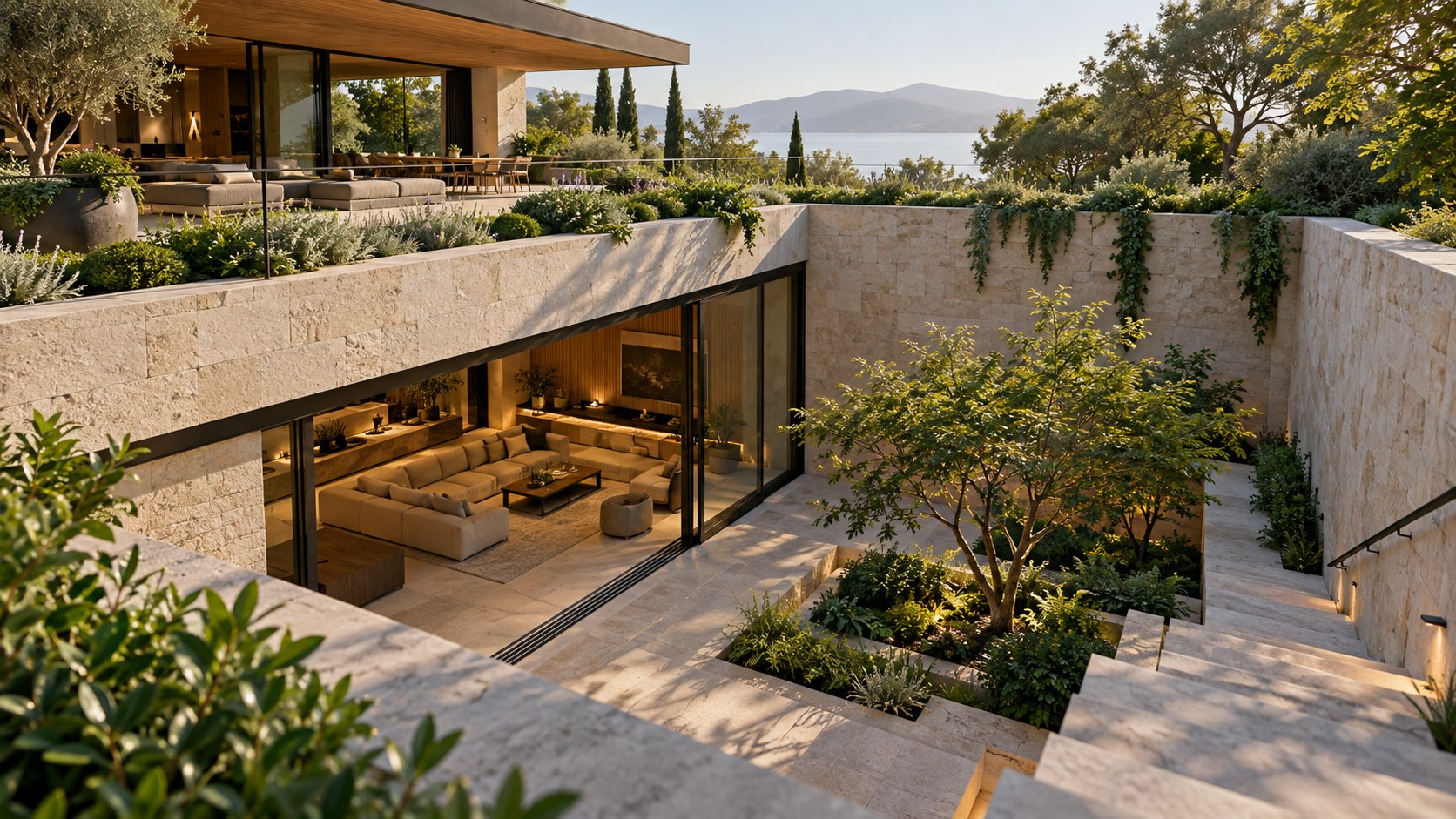 Contemporary lower-level lounge opening onto a planted sunken courtyard beneath a stone-and-timber residence.