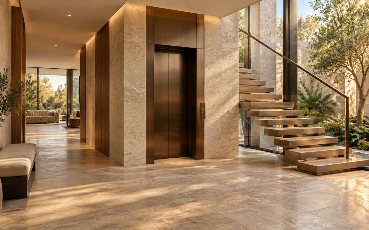Contemporary residential lift beside a sculptural stair in a stone-and-timber hall overlooking a planted courtyard.