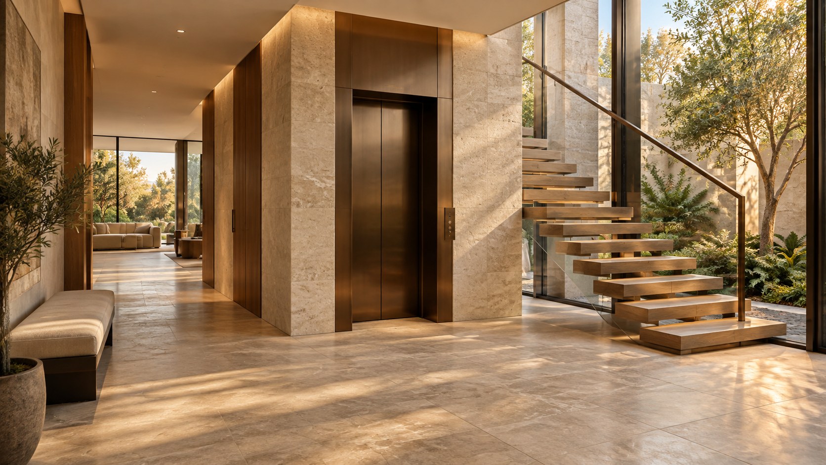 Contemporary residential lift beside a sculptural stair in a stone-and-timber hall overlooking a planted courtyard.