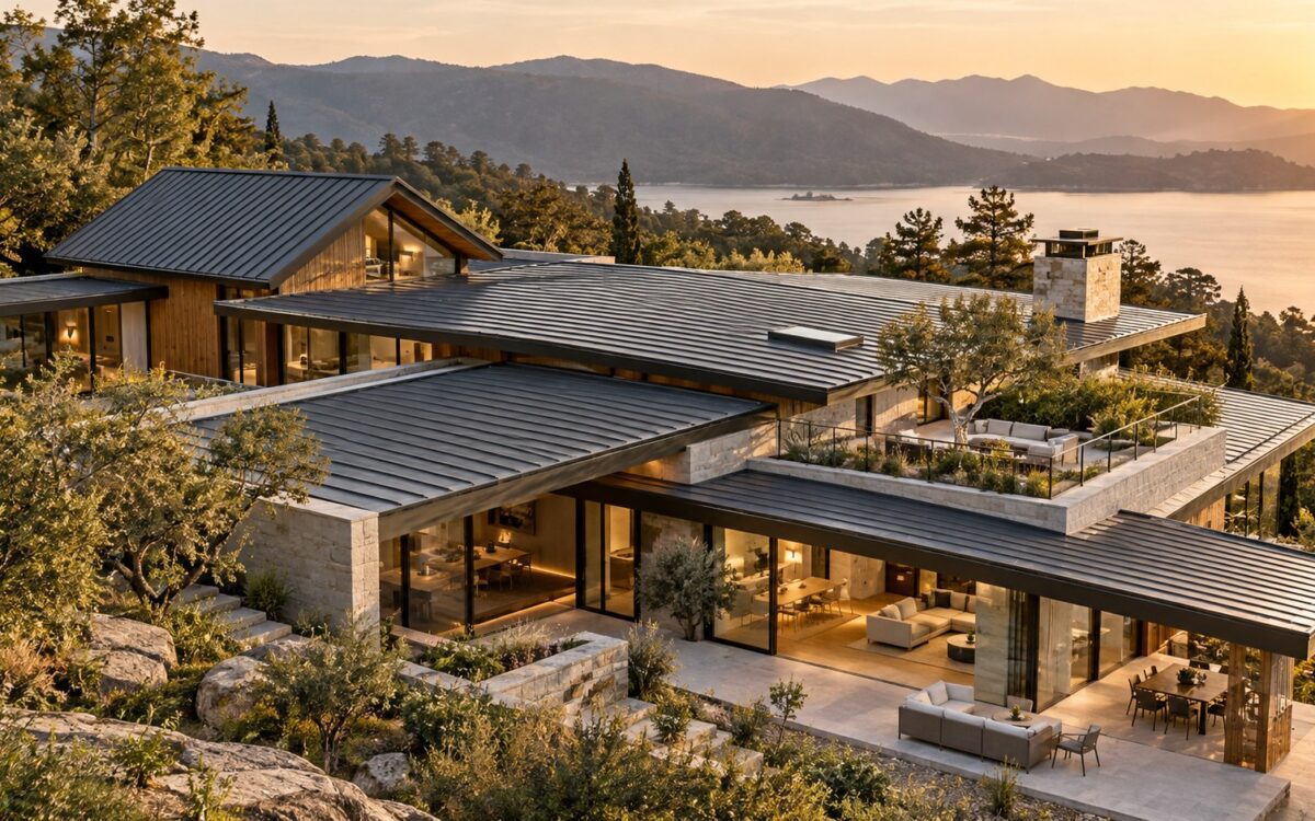 Elevated view of a contemporary stone-and-timber residence with layered low-slope roofs, parapets, and a landscaped rooftop terrace.